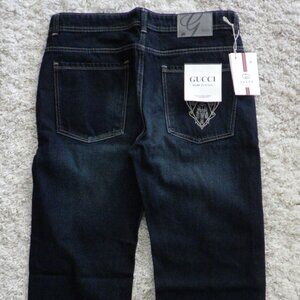 Gucci Men's Denim Jeans Pants Dark Blue Wide Leg Logo Size 36 Italy Embroidery
